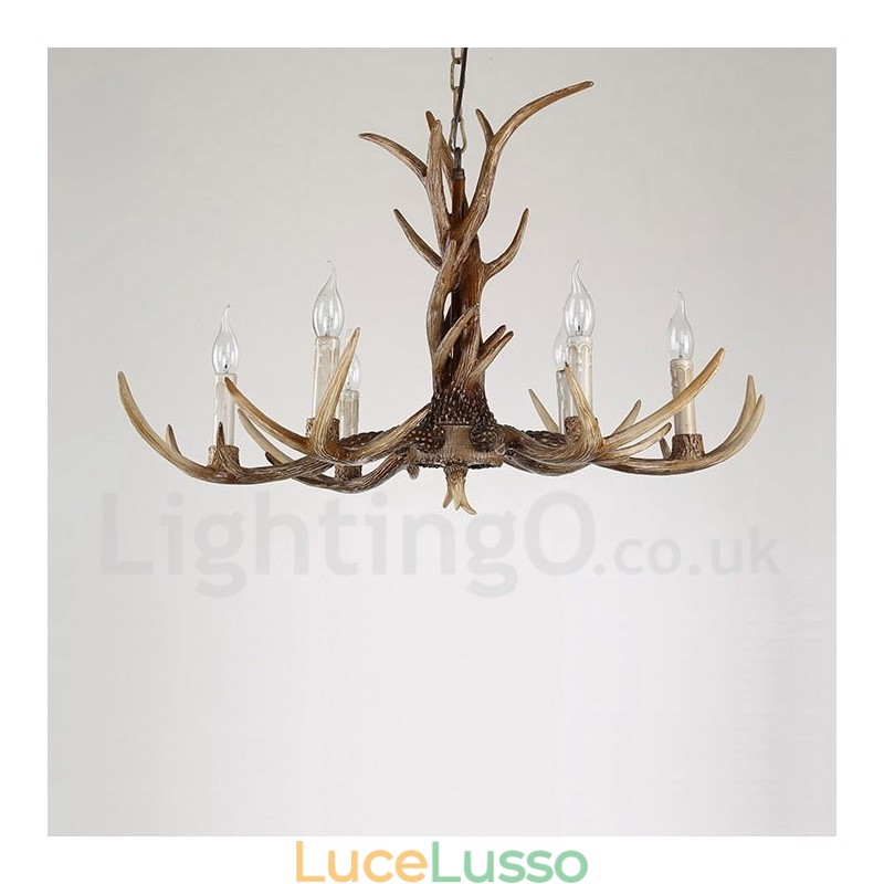 Lampadario a candela vintage retrò in corna di cervo artistico rustico a 6 luci