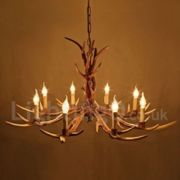 Lampadario a forma di candela vintage retrò in corna di cervo, artistico rustico, a 8 luci