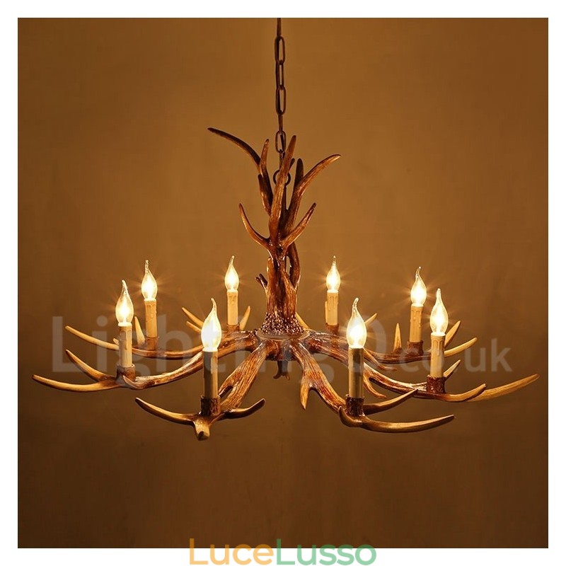 Lampadario a forma di candela vintage retrò in corna di cervo, artistico rustico, a 8 luci