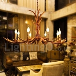 Lampadario a forma di candela vintage retrò in corna di cervo, artistico rustico, a 8 luci
