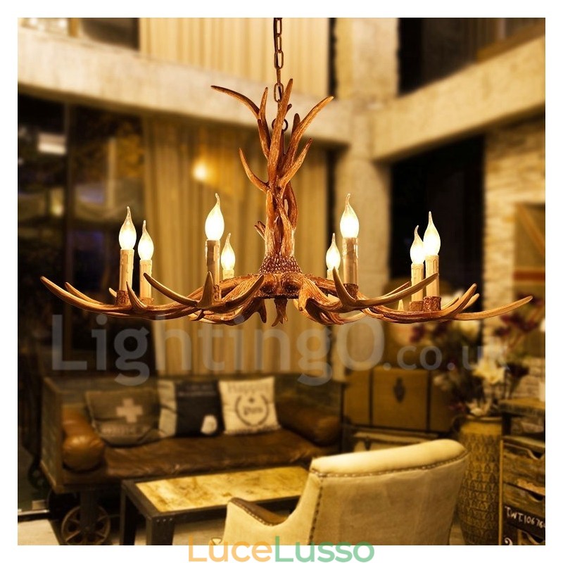 Lampadario a forma di candela vintage retrò in corna di cervo, artistico rustico, a 8 luci