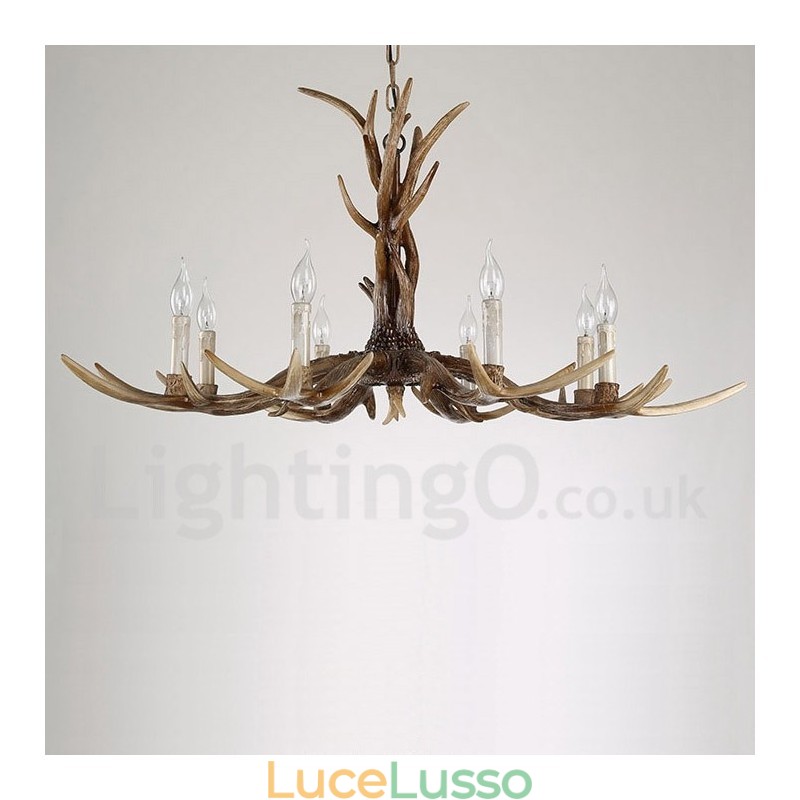 Lampadario a forma di candela vintage retrò in corna di cervo, artistico rustico, a 8 luci