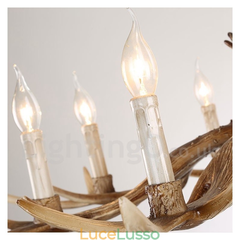 Lampadario a forma di candela vintage retrò in corna di cervo, artistico rustico, a 8 luci