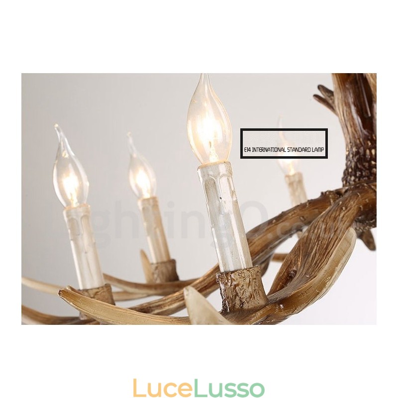 Lampadario a forma di candela vintage retrò in corna di cervo, artistico rustico, a 8 luci