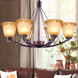 Lampadario rustico in acciaio inox con paralume in vetro a 6 lampadine