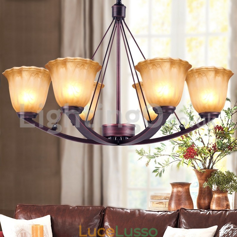 Lampadario rustico in acciaio inox con paralume in vetro a 6 lampadine
