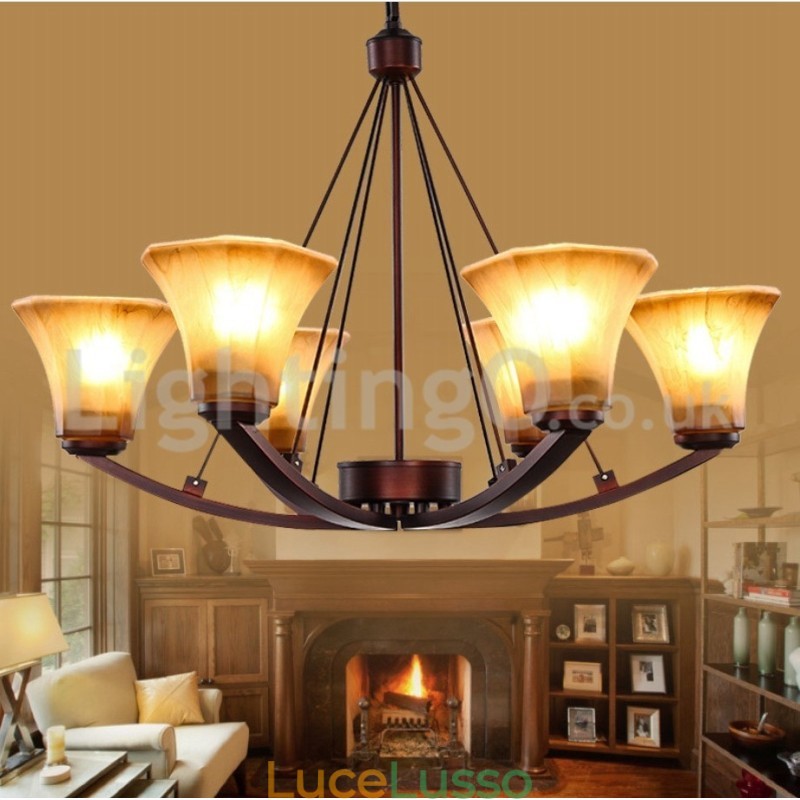Lampadario rustico in acciaio inox con paralume in vetro a 6 lampadine