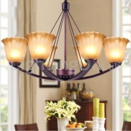Lampadario rustico in acciaio inox con paralume in vetro a 6 lampadine