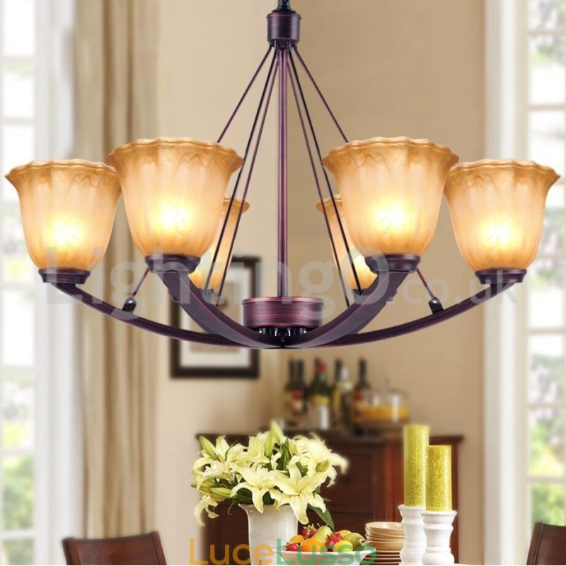 Lampadario rustico in acciaio inox con paralume in vetro a 6 lampadine