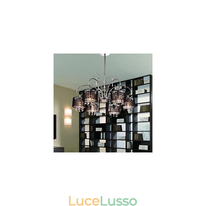 Lampadario moderno contemporaneo in metallo cromato e cristallo