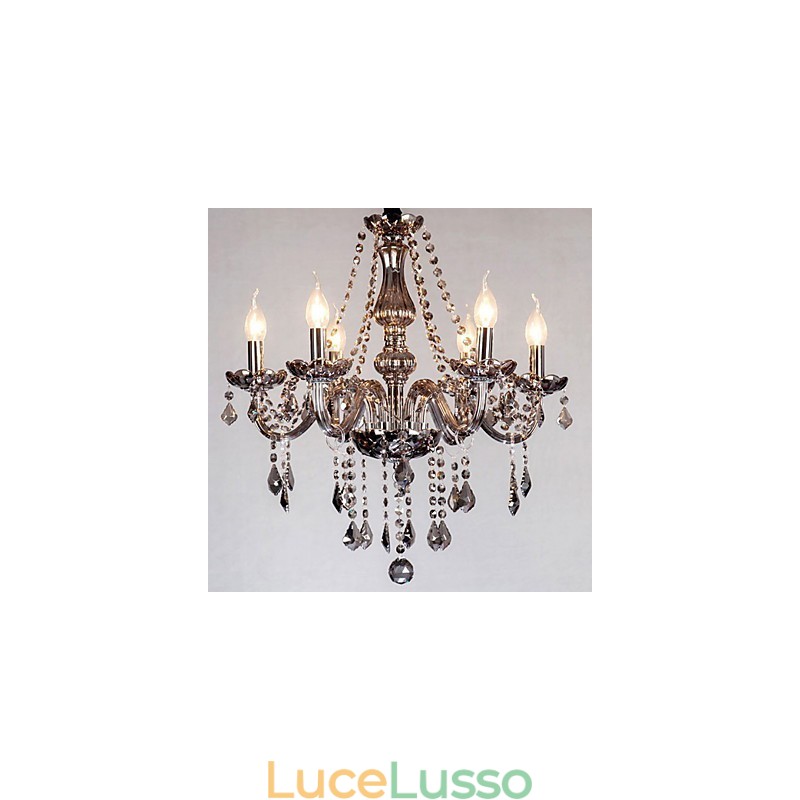 Lampadario europeo in cristallo a 6 luci in vetro e cristallo di colore grigio
