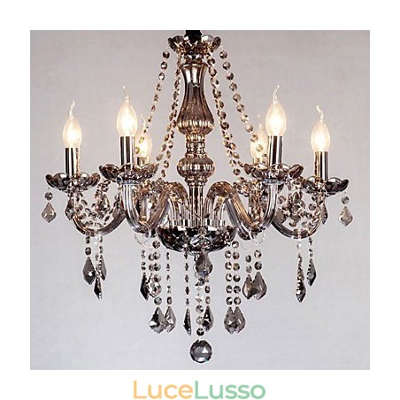 Lampadario europeo in cristallo a 6 luci in vetro e cristallo di colore grigio Lampadario europeo in cristallo a 6 luci in vetro e cristallo di colore grigio