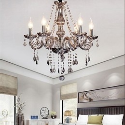 Lampadario europeo in cristallo a 6 luci in vetro e cristallo di colore grigio