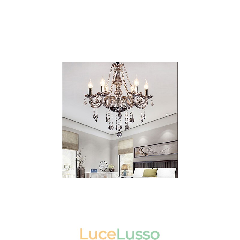 Lampadario europeo in cristallo a 6 luci in vetro e cristallo di colore grigio