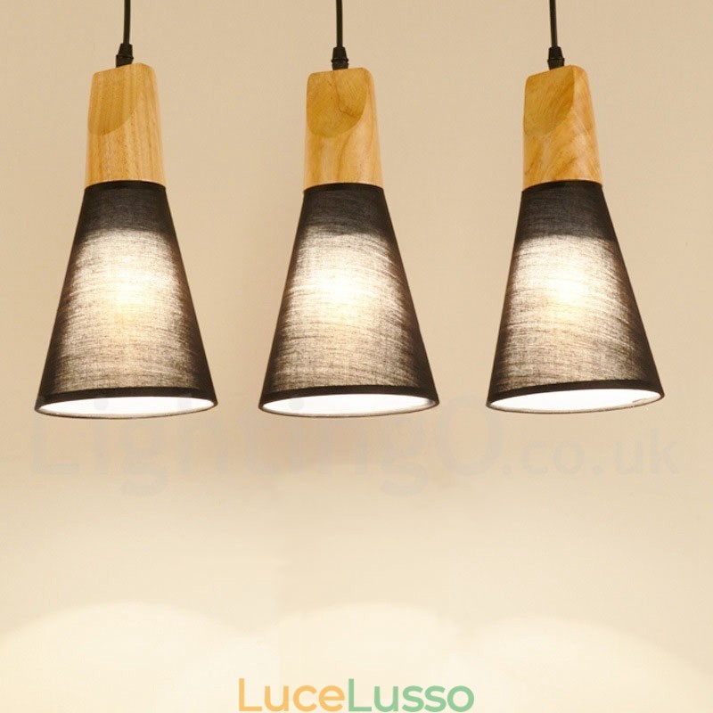 Lampada a sospensione moderna in legno con 1 luce e 3 luci e paralume in tessuto