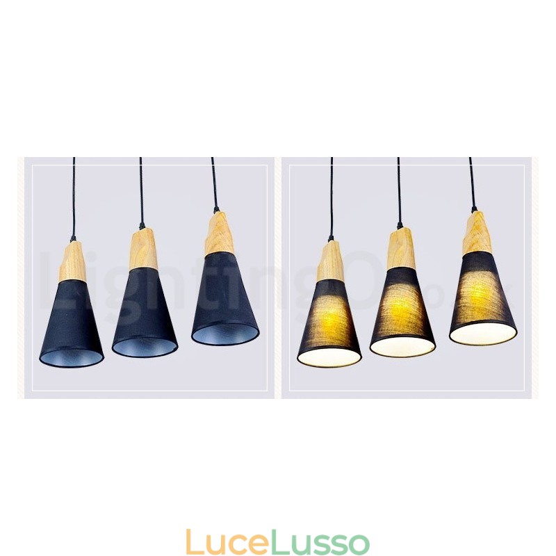 Lampada a sospensione moderna in legno con 1 luce e 3 luci e paralume in tessuto