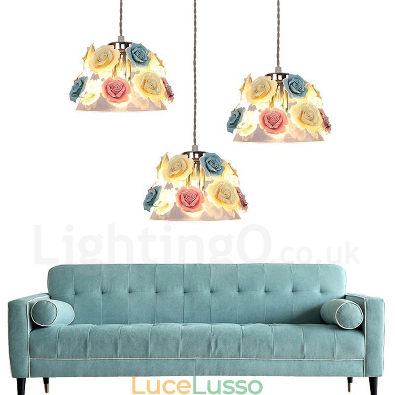 Lampada a sospensione da soffitto con paralume in vetro e fiori multicolori Macaron