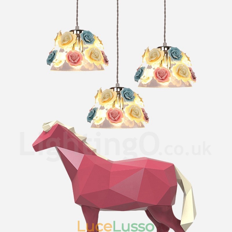Lampada a sospensione da soffitto con paralume in vetro e fiori multicolori Macaron