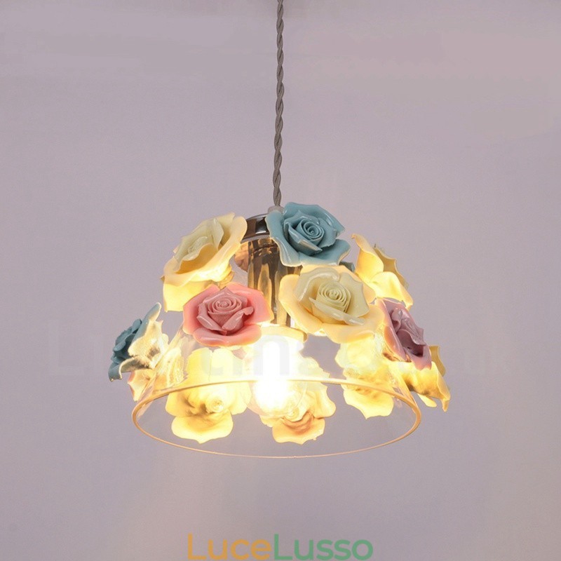 Lampada a sospensione da soffitto con paralume in vetro e fiori multicolori Macaron
