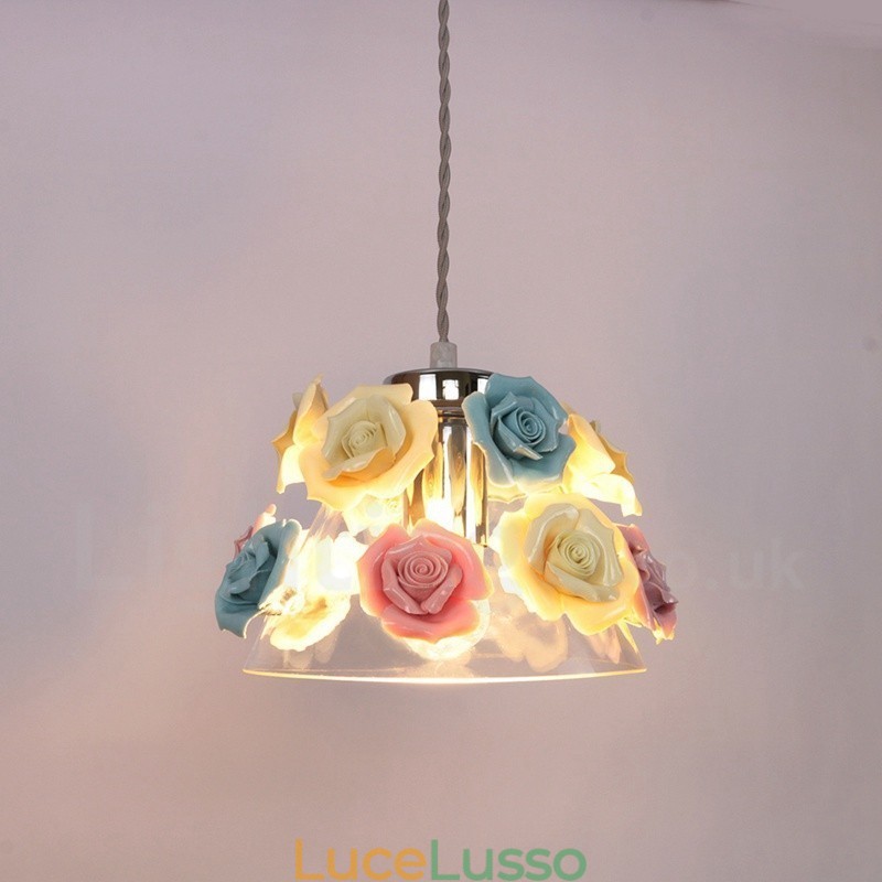 Lampada a sospensione da soffitto con paralume in vetro e fiori multicolori Macaron