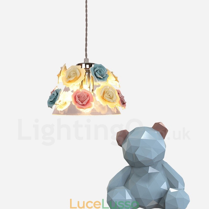 Lampada a sospensione da soffitto con paralume in vetro e fiori multicolori Macaron
