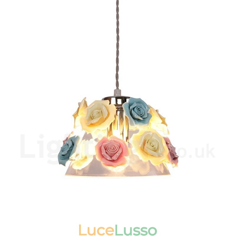 Lampada a sospensione da soffitto con paralume in vetro e fiori multicolori Macaron