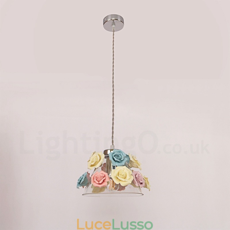 Lampada a sospensione da soffitto con paralume in vetro e fiori multicolori Macaron