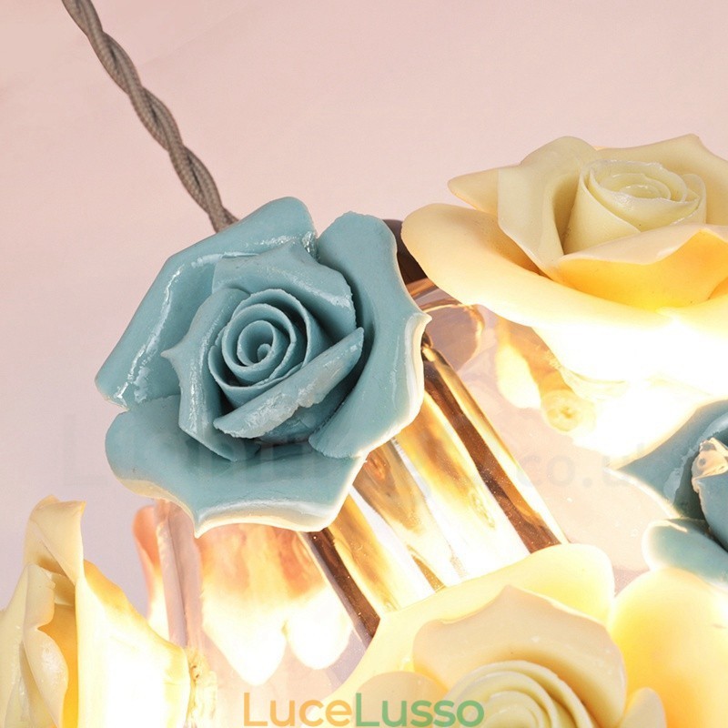 Lampada a sospensione da soffitto con paralume in vetro e fiori multicolori Macaron