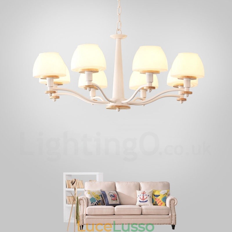 Lampadario a sospensione in legno macaron multicolore con 6 luci e 8 luci, paralumi in vetro, stile nordico