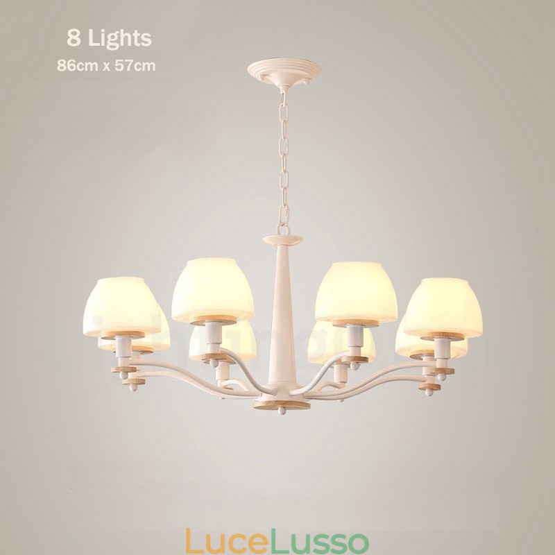 Lampadario a sospensione in legno macaron multicolore con 6 luci e 8 luci, paralumi in vetro, stile nordico