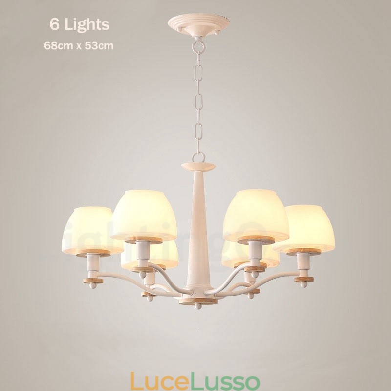 Lampadario a sospensione in legno macaron multicolore con 6 luci e 8 luci, paralumi in vetro, stile nordico