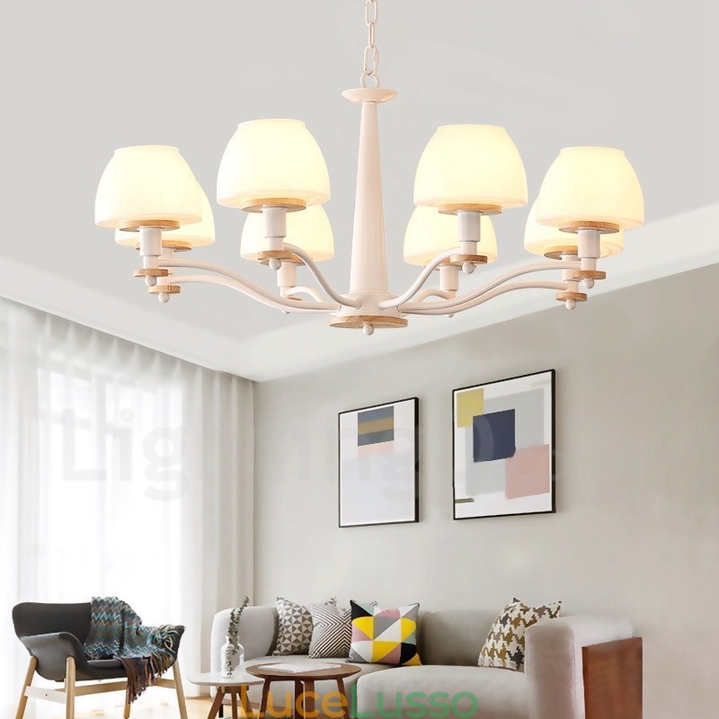 Lampadario a sospensione in legno macaron multicolore con 6 luci e 8 luci, paralumi in vetro, stile nordico