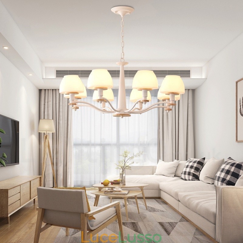 Lampadario a sospensione in legno macaron multicolore con 6 luci e 8 luci, paralumi in vetro, stile nordico