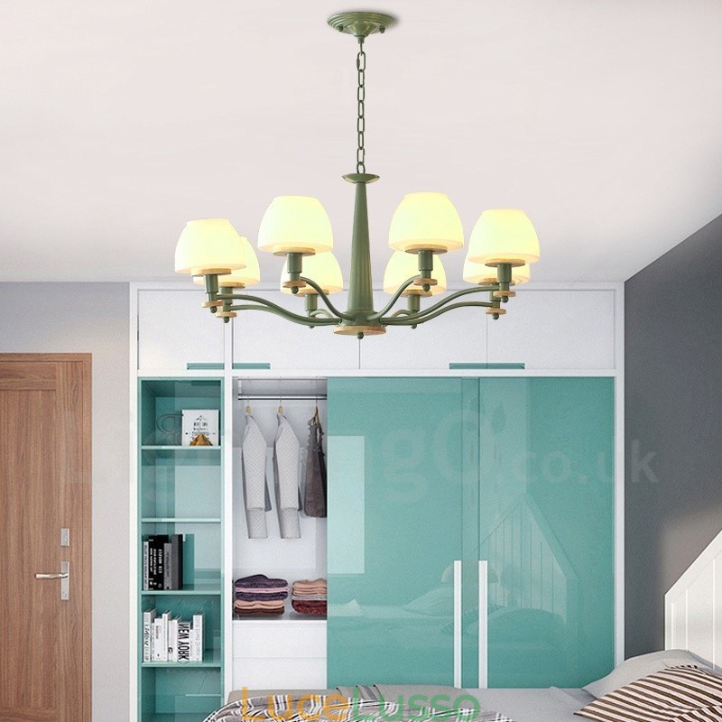 Lampadario a sospensione in legno macaron multicolore con 6 luci e 8 luci, paralumi in vetro, stile nordico