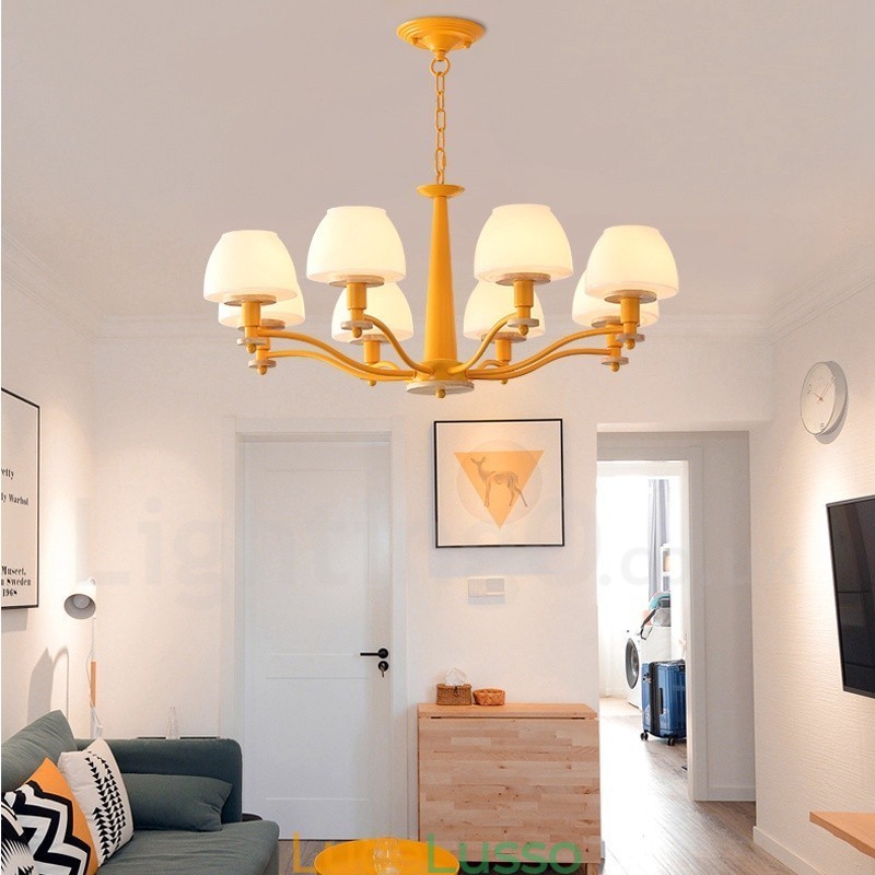 Lampadario a sospensione in legno macaron multicolore con 6 luci e 8 luci, paralumi in vetro, stile nordico