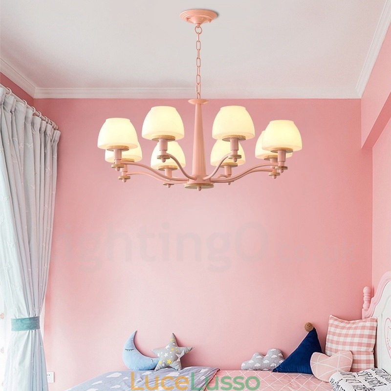 Lampadario a sospensione in legno macaron multicolore con 6 luci e 8 luci, paralumi in vetro, stile nordico