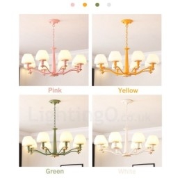 Lampadario a sospensione in legno macaron multicolore con 6 luci e 8 luci, paralumi in vetro, stile nordico