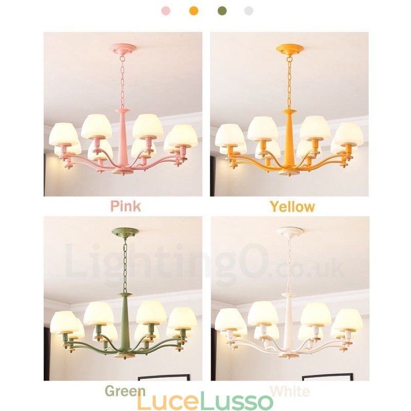 Lampadario a sospensione in legno macaron multicolore con 6 luci e 8 luci, paralumi in vetro, stile nordico