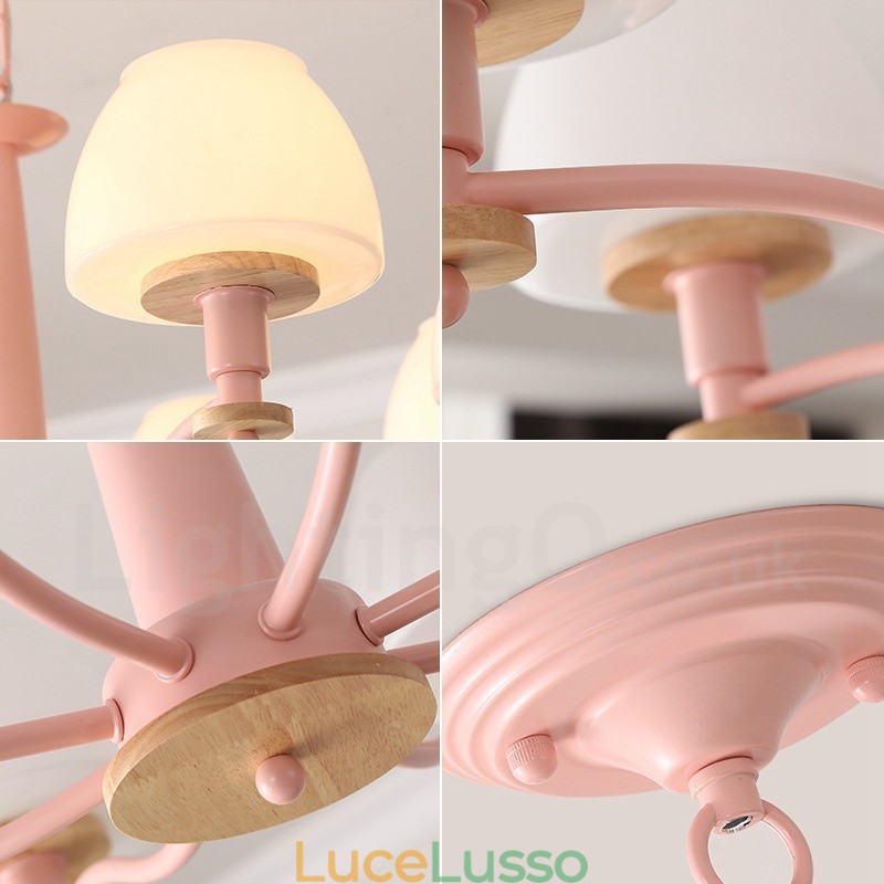 Lampadario a sospensione in legno macaron multicolore con 6 luci e 8 luci, paralumi in vetro, stile nordico