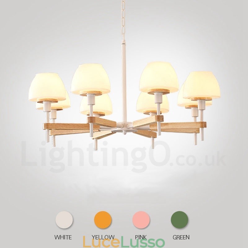 Lampadario a sospensione in legno macaron multicolore con 6 luci e 8 luci, paralumi in vetro, stile nordico