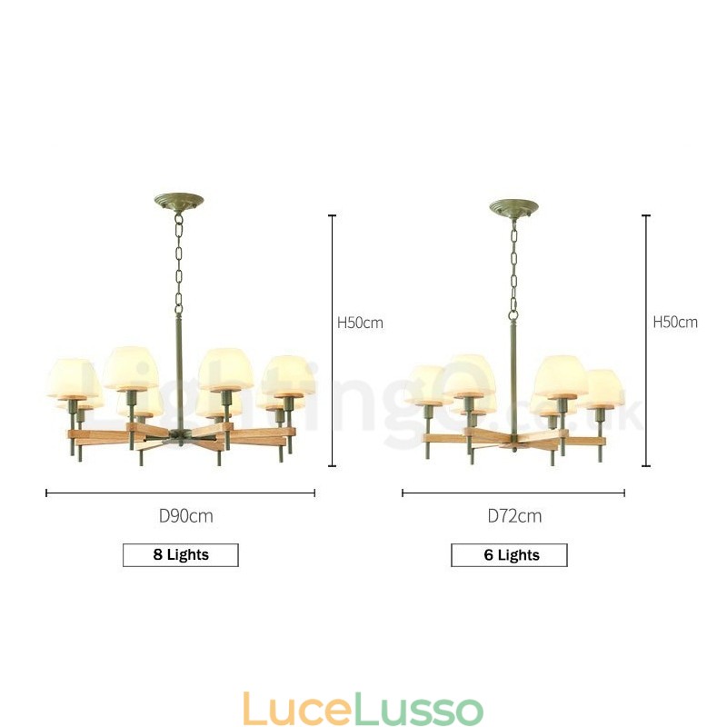 Lampadario a sospensione in legno macaron multicolore con 6 luci e 8 luci, paralumi in vetro, stile nordico