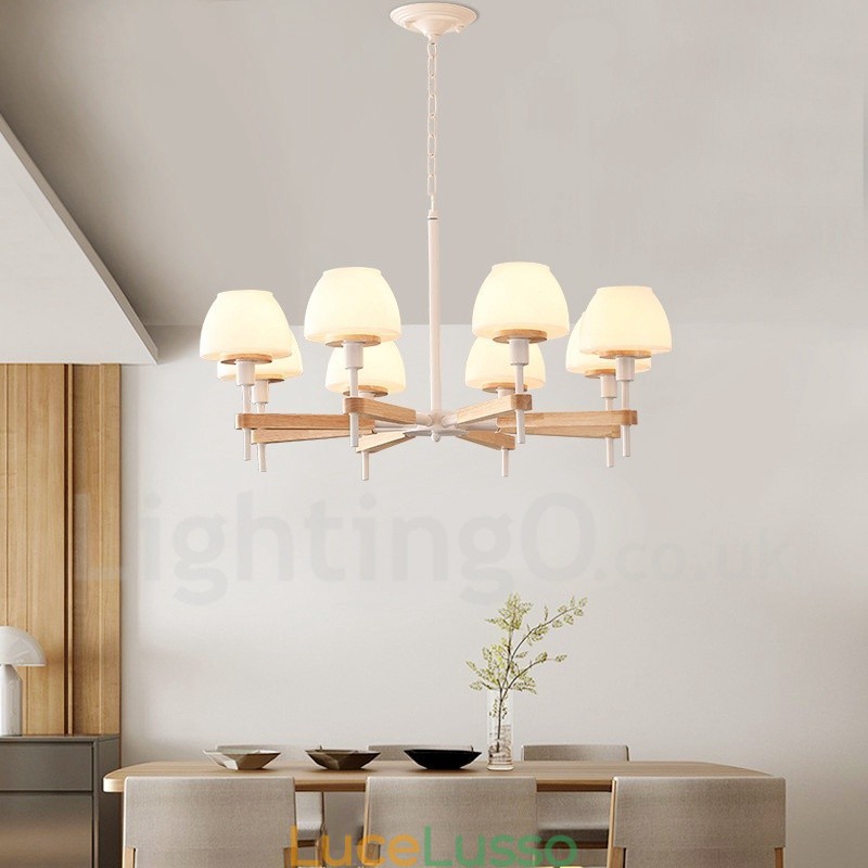 Lampadario a sospensione in legno macaron multicolore con 6 luci e 8 luci, paralumi in vetro, stile nordico