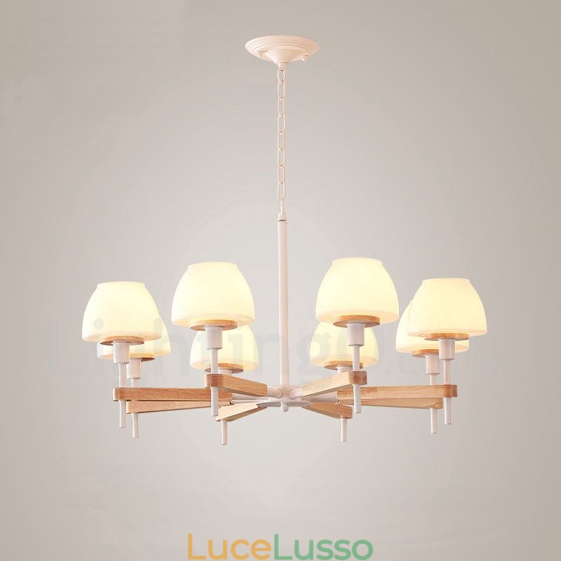 Lampadario a sospensione in legno macaron multicolore con 6 luci e 8 luci, paralumi in vetro, stile nordico