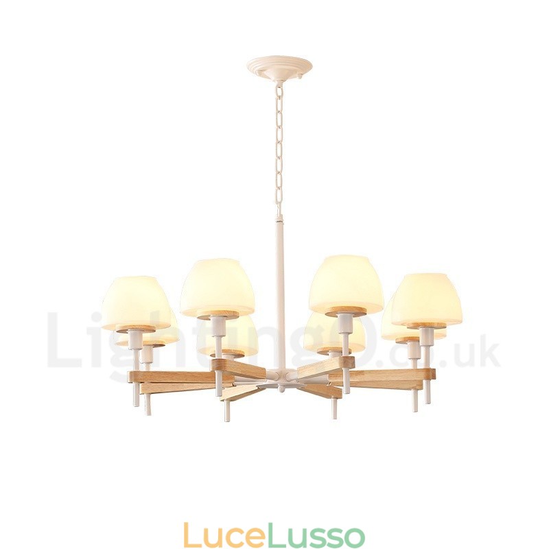 Lampadario a sospensione in legno macaron multicolore con 6 luci e 8 luci, paralumi in vetro, stile nordico