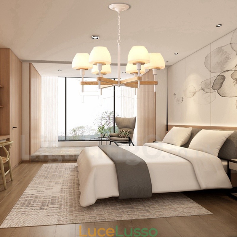 Lampadario a sospensione in legno macaron multicolore con 6 luci e 8 luci, paralumi in vetro, stile nordico