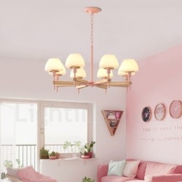 Lampadario a sospensione in legno macaron multicolore con 6 luci e 8 luci, paralumi in vetro, stile nordico