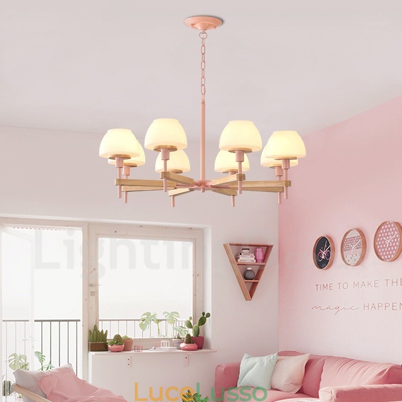 Lampadario a sospensione in legno macaron multicolore con 6 luci e 8 luci, paralumi in vetro, stile nordico