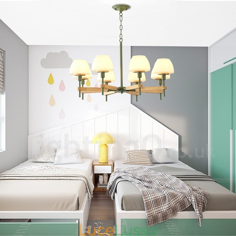 Lampadario a sospensione in legno macaron multicolore con 6 luci e 8 luci, paralumi in vetro, stile nordico