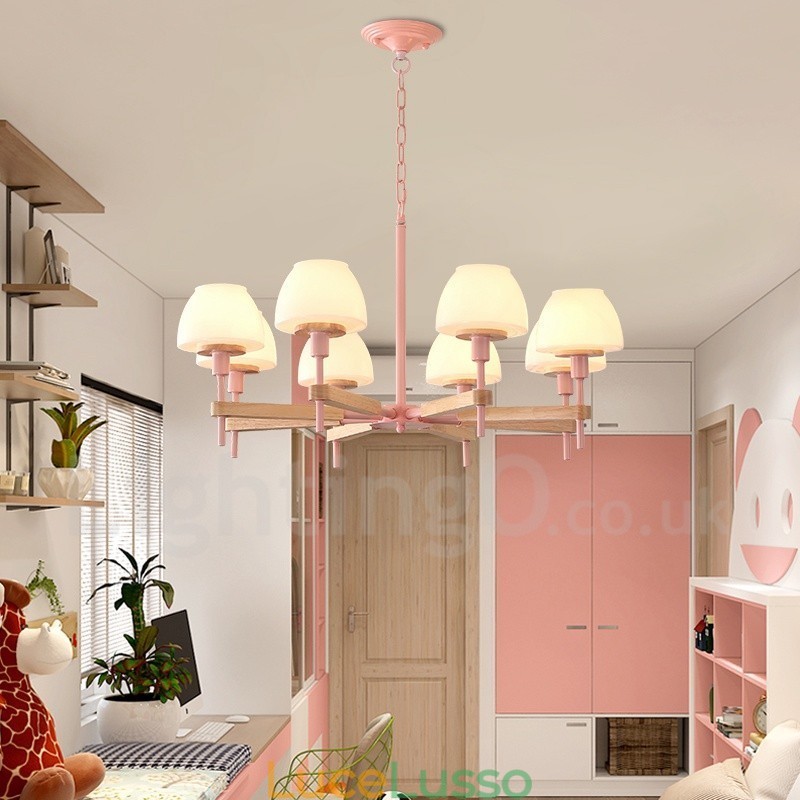 Lampadario a sospensione in legno macaron multicolore con 6 luci e 8 luci, paralumi in vetro, stile nordico