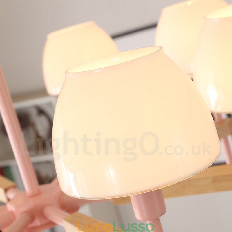 Lampadario a sospensione in legno macaron multicolore con 6 luci e 8 luci, paralumi in vetro, stile nordico